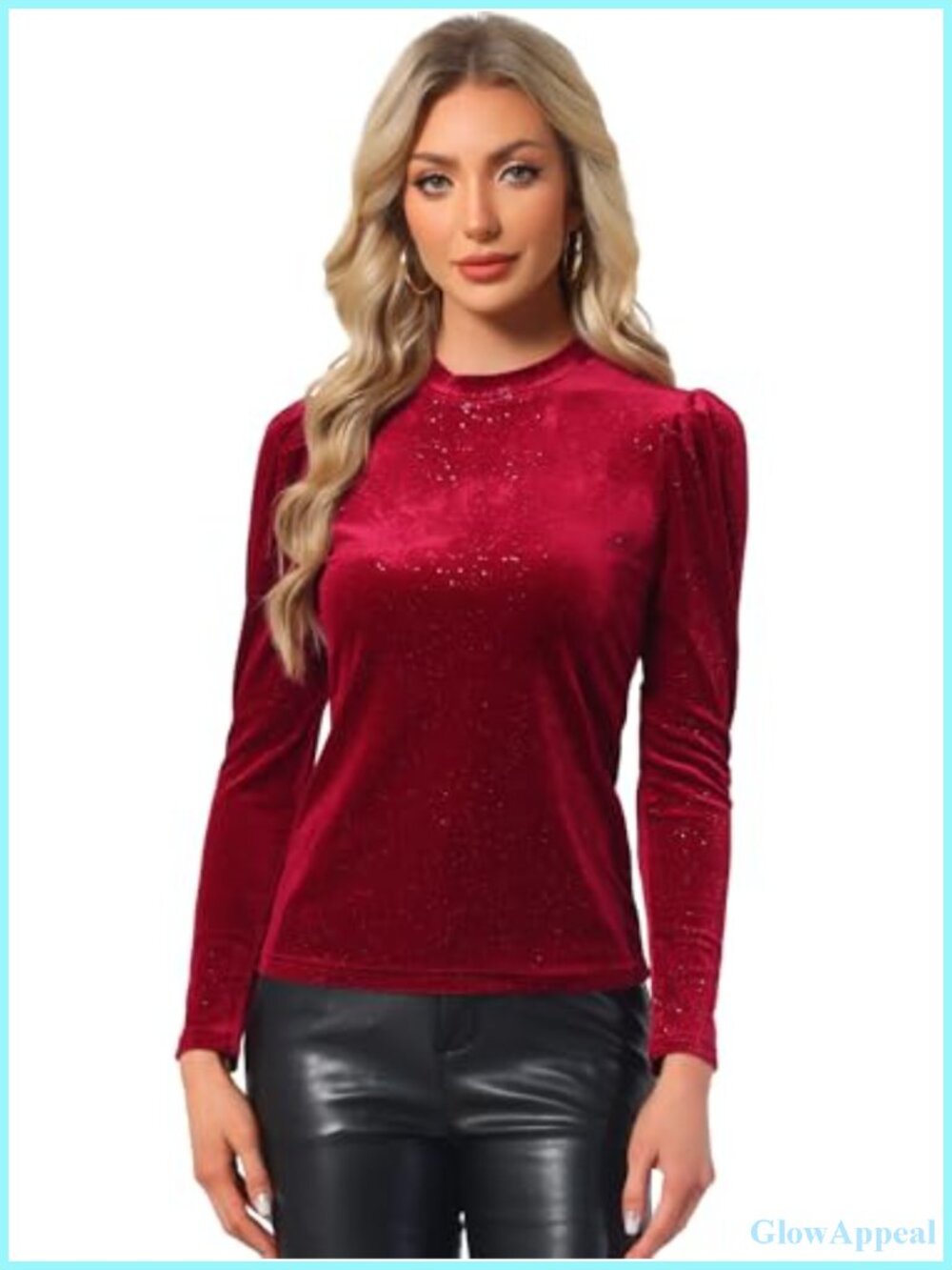 Velvet Puff Long Sleeve Mock Neck Blouse Holiday Party Top